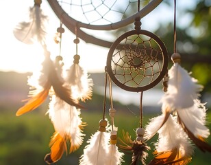 Dream catcher adorned with feathers in sunlight