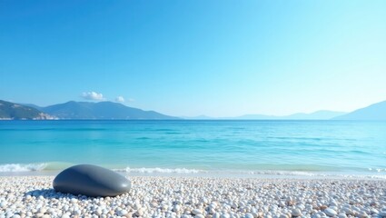 A serene coastal scene showcases a pebble-covered beach meeting the tranquil, turquoise waters of the ocean under a clear, azure sky, with mountains visible in the distance, 