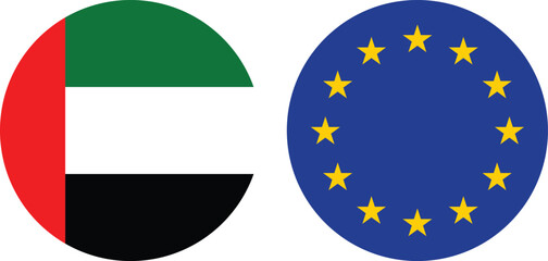 Dubai and European Union Circular Flags  on isolated transparent background , Symbol of Global Partnership, Trade, and Diplomatic Unity