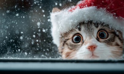 Cute surprised cat with santa hat peeking out window at falling snow