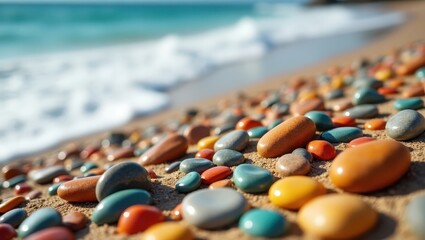 A  perspective captures the colorful pebbles on a sandy beach, with gentle waves and the ocean in the background, showcasing natural beauty and a sense of tranquility under the bright daylight.