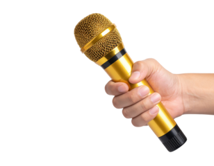 Hand Holding a Gold Microphone in a Dynamic Performance Setting with a Transparent Background