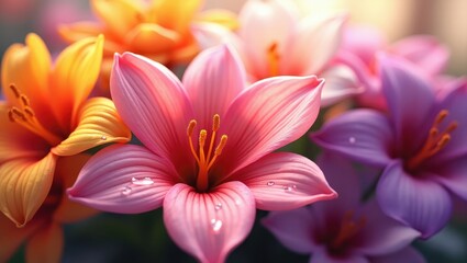 captures of vibrant, blooming flowers showcase a rich palette of warm colors including shades of pink, orange, and purple with water droplets glistening on the petals, creating a captivating and...