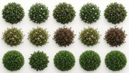 A collection of fifteen top-down views showcasing spherical shrubs in varying stages of bloom, with some displaying pink and white flowers against vibrant green foliage, 