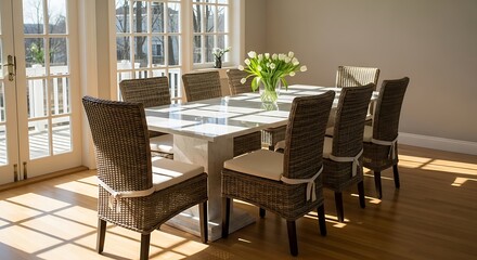Obraz premium Bright Dining Room with Wicker Chairs and Natural Light.