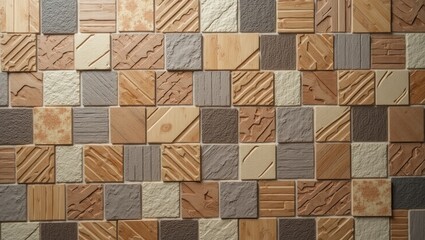 Textured square tiles in a variety of natural earth tones and textures, featuring a mix of smooth, carved, and patterned surfaces creating a visually rich and dynamic arrangement with warm and...