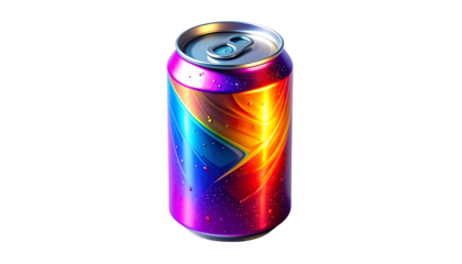 Vibrant Rainbow Drink Can with Condensation on Black Background. Colorful Soda or Energy Drink Packaging Mockup. Refreshing Beverage Concept, Dynamic Abstract Design, Studio Shot.