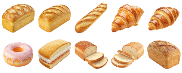 Fresh bakery breads including golden loaves flaky croissants delicious donuts and sliced artisan pastries for gourmet culinary experiences