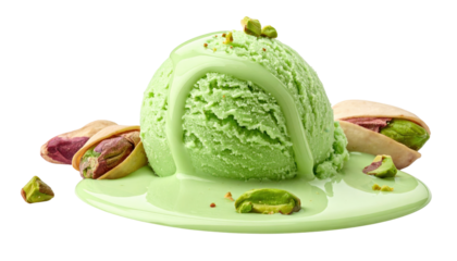 Pistachio Ice Cream Scoop Surrounded by Chopped Pistachios on a Plate with Dripping Sauce