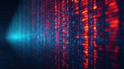 A visually striking digital representation of data streams, featuring vibrant blue and red light patterns across a dark background.