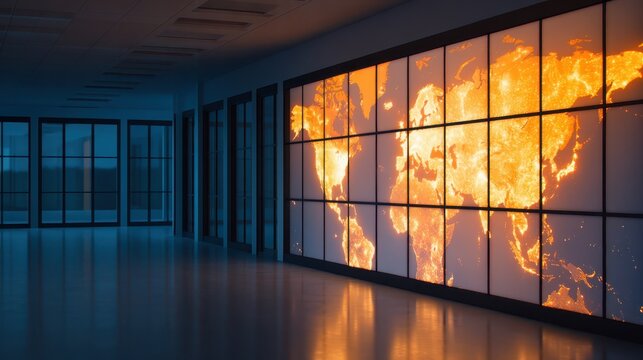 A modern room featuring a large, illuminated world map display on the wall, with a sleek design and ambient lighting. - Powered by Adobe