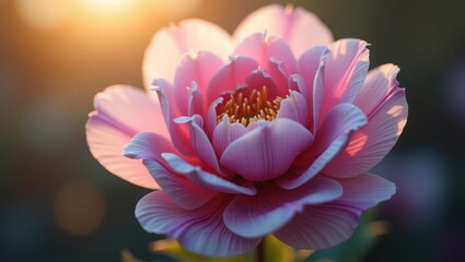 Exquisite depiction of a vibrant pink flower, its delicate petals illuminated by soft, warm sunlight, creating a serene atmosphere and showcasing intricate details and the beauty of nature.