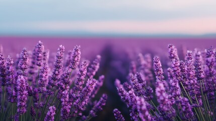 Obraz premium A serene lavender field stretches into the distance, showcasing vibrant purple blooms against a soft, blurred background.