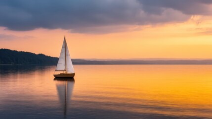 A serene sunset scene featuring a sailboat gliding across calm waters, with vibrant hues reflecting on the surface and lush greenery in the background.