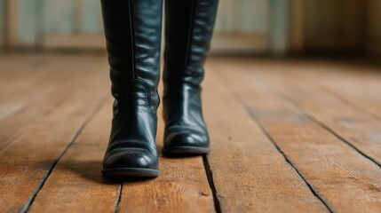 A close-up of stylish black leather boots on a wooden floor, creating a chic and fashionable ambiance.