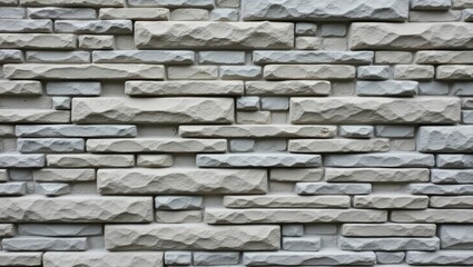 Textured facade presents a repeating, uniform pattern of rectangular stones in varying shades of gray and beige, offering a rough, natural, and visually interesting backdrop of exterior building...