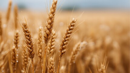 Obraz premium Golden wheat stalks stand tall against a blurred background, showcasing nature's bounty in a serene agricultural landscape.