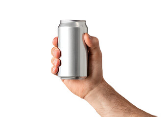 Hand Holding Silver Aluminum Can Isolated on White Background