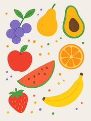 Vector Pattern of Fruit Elements in Modern Organic Style with Bright Color Palette