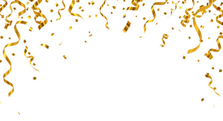 Gold confetti and streamers isolated on transparent background