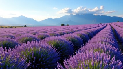 Vibrant purple lavender fields stretch towards distant mountain ranges under a bright blue sky, punctuated by fluffy white clouds, creating a serene and picturesque landscape at the golden hour.