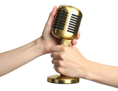 Two Hands Gripping a Vintage Microphone Symbolizing Musical Collaboration and Performance