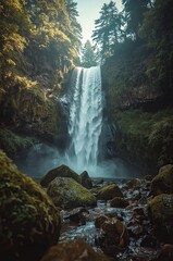 Majestic waterfall cascades down rocky cliffs surrounded by vibrant green foliage and towering trees, creating a serene natural landscape in daylight, 