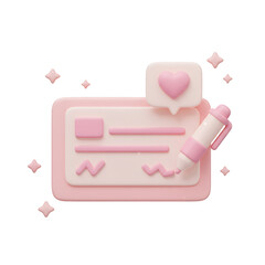 A 3D rendered illustration of a pink check being written with a pen, with a heart icon. Isolated on a Transparent Background, PNG, Cutout
