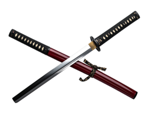 Two crossed Japanese swords a katana, a wakizashi, and their sheaths