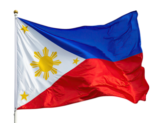 The Philippine national flag waving in the wind, depicting sun and stars