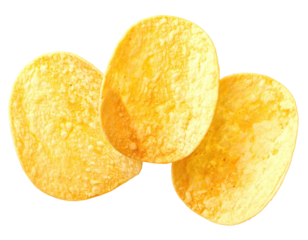 Close-up of three golden, crispy potato chips, overlapping with a transparent background