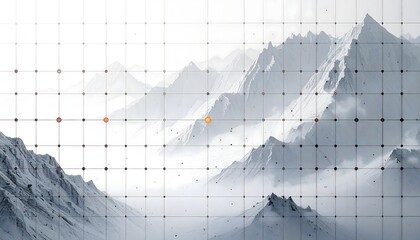 An abstract concept image featuring a technical grid overlay with data points and glowing orange markers imposed over a monochromatic, misty mountain range, symbolizing geospatial data