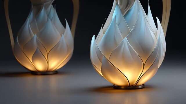 An elegant, futuristic pitcher shaped like a lotus flower, glowing with a warm internal light against a dark, moody background, showcasing modern design.