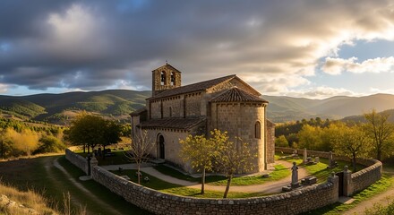 Ancient Church of San Pietro in Tuscan Landscape at Sunset.