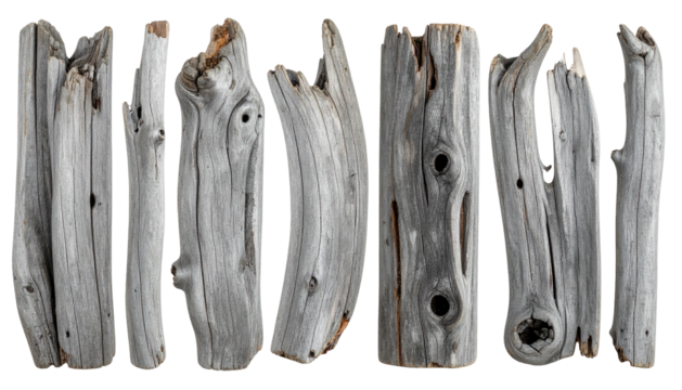 Seven pieces of weathered wood, arranged side-by-side, isolated on black
