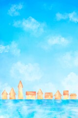 爽やかな青空と雲が広がる夏のリゾート地の街並みイラスト。縦型水彩背景。