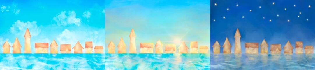 水彩の街並みイラスト。昼、夕方、夜の時間の変化セット。アニメーション背景向け。