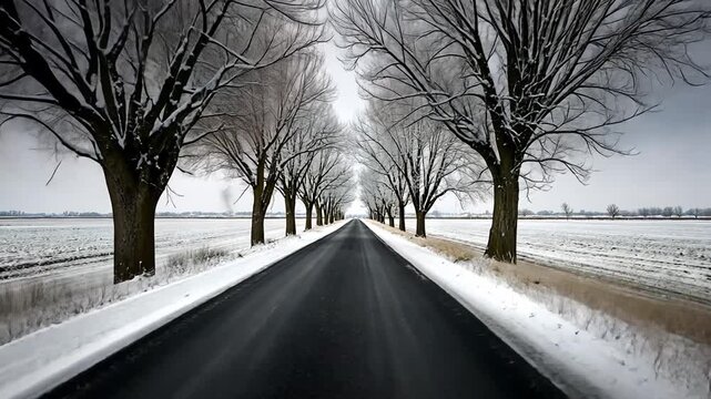 An empty asphalt road stretches towards a vanishing point between two symmetrical lines of leafless trees on a cold, overcast winter day in the countryside.