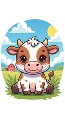 Adorable Cartoon Cow Sitting in a Sunny Meadow Illustration.
