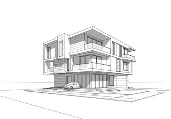 Modern House Design Sketch with Balconies and Carport.