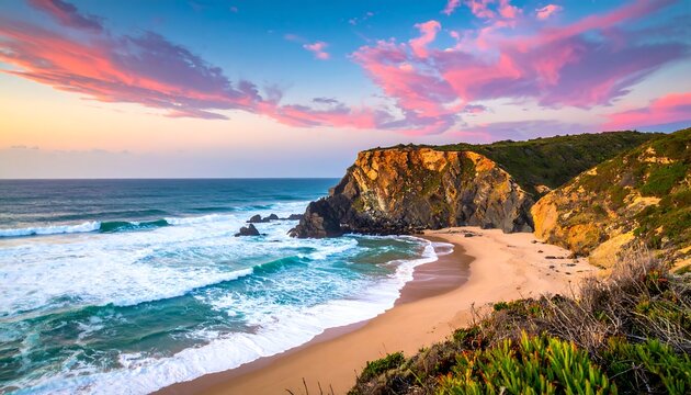 Coastal landscape with cliffs, beach, and ocean at sunset