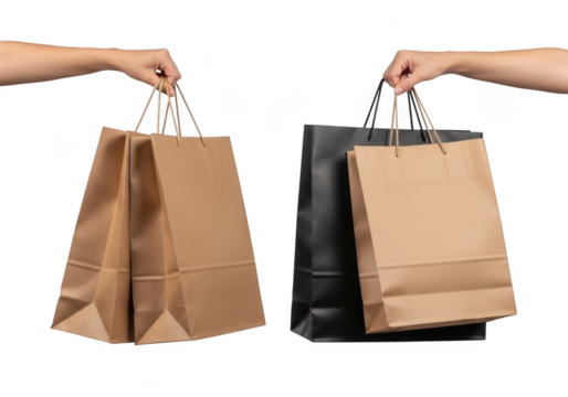 Shopping bags held in hands isolated on transparent background