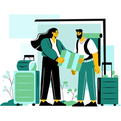 Two people with luggage reviewing a map in a stylized cyberspace environment with abstract shapes and geometric elements in teal and green tones