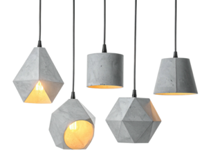 Five geometric concrete pendant lights illuminate a dark space, each unique