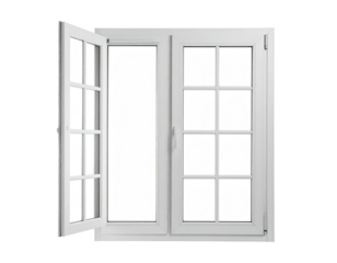 An open white window with a hinged panel reveals light on a dark background