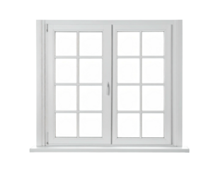 Front view of a white, rectangular window with multiple panes on a black background