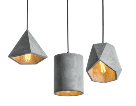 Three geometric concrete pendant lights, each with exposed filament bulbs