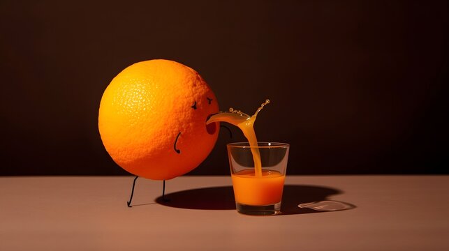Whimsical and humorous conceptual scene featuring an illustrated orange with playful facial features and simple stick legs pouring its own juice into a glass, captured in warm dramatic lighting for cr