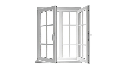 Obraz premium White window frame with multiple panes and two open sashes against a black background