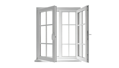 White window frame with multiple panes and two open sashes against a black background